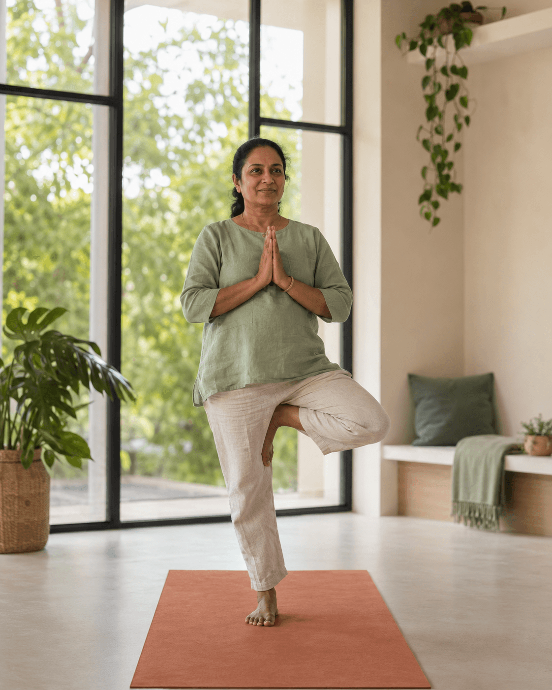 A calm standing yoga pose in a light, tree-lined studio
